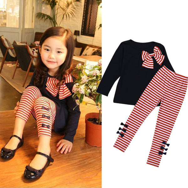 Girls Long Sleeve Bowknot T-Shirt+Stripe Pants Set