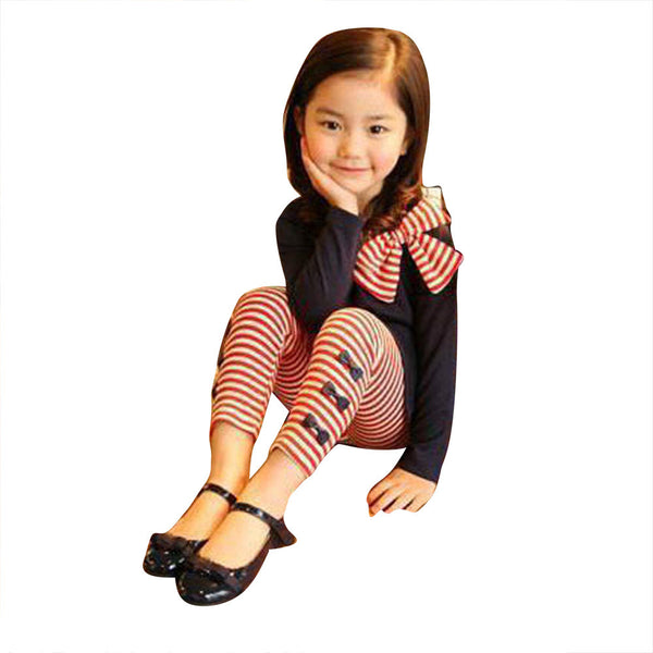 Girls Long Sleeve Bowknot T-Shirt+Stripe Pants Set