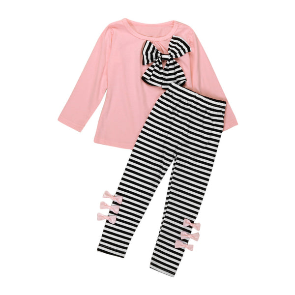 Girls Long Sleeve Bowknot T-Shirt+Stripe Pants Set