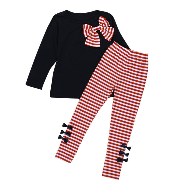 Girls Long Sleeve Bowknot T-Shirt+Stripe Pants Set